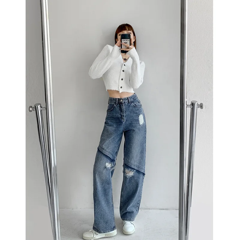 

European-American Style Spicy Girls' Diagonal Seam Stitching Old Torn Jeans Women's Spring Autumn Straight Cylinder Mop Pants