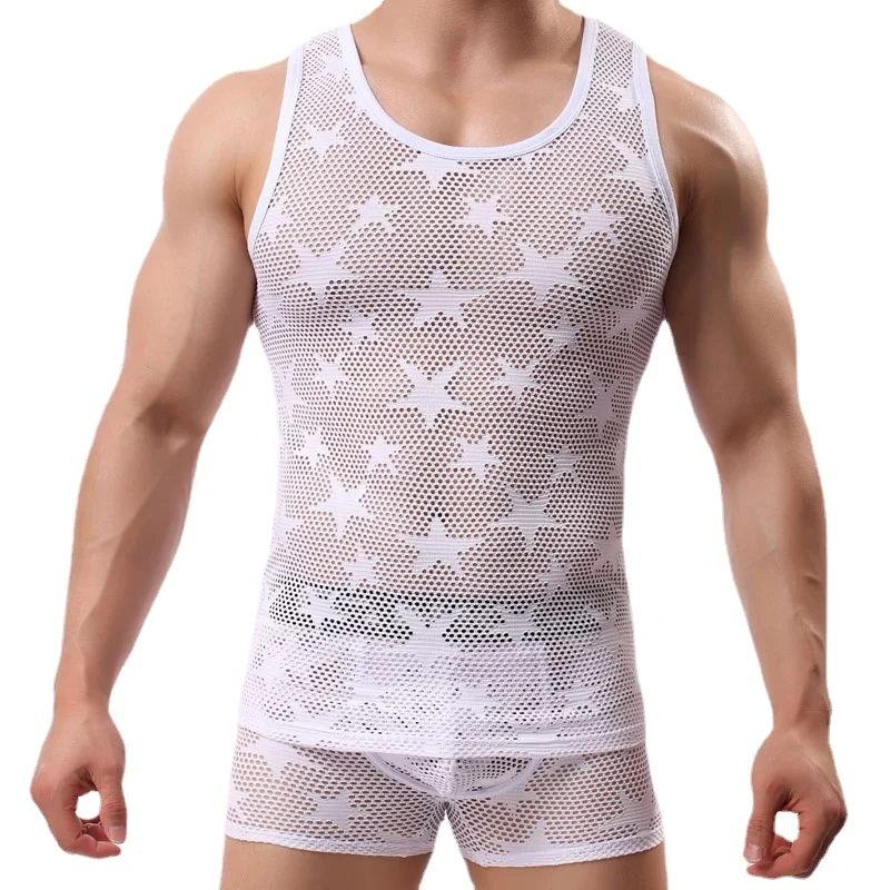 Mens Tank Tops suit sexy hollow see-through men underwear fishnet man vest boxer 2pcs sets Fitness Home breathable Male Clothing 
Mens Tank Tops suit sexy hollow see-through men underwear fishnet man vest boxer 2pcs sets Fitness Home breathable Male Clothing