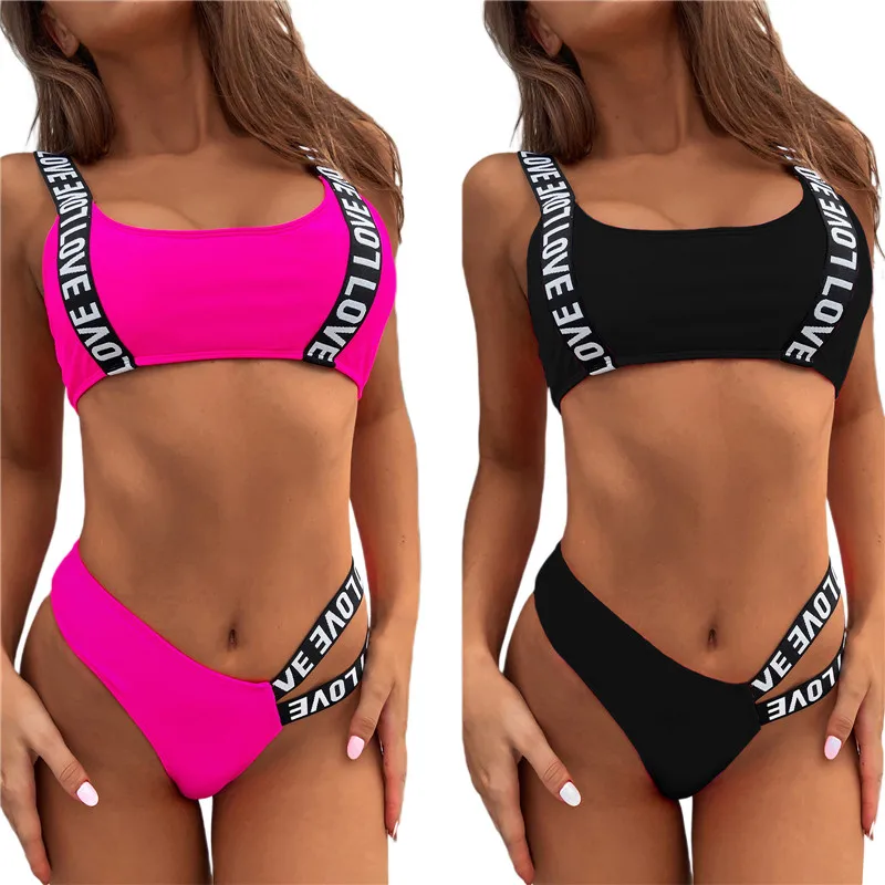 Women’s Sexy Two Piece Bikini Suits Swimsuit Fashion Letter Webbing Suspender Tops and Hollow Mid-waist Thong Swimwear Beach
Women’s Sexy Two Piece Bikini Suits Swimsuit Fashion Letter Webbing Suspender Tops and Hollow Mid-waist Thong Swimwear Beach