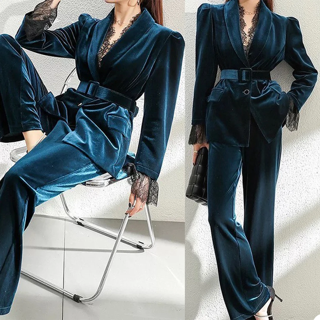 Velvet High Quality Women Suits Set Lace Blazer Jacket With Belt Wide Leg Pants Formal Party Dress Evening Prom Outfits 2 Pcs
Velvet High Quality Women Suits Set Lace Blazer Jacket With Belt Wide Leg Pants Formal Party Dress Evening Prom Outfits 2 Pcs