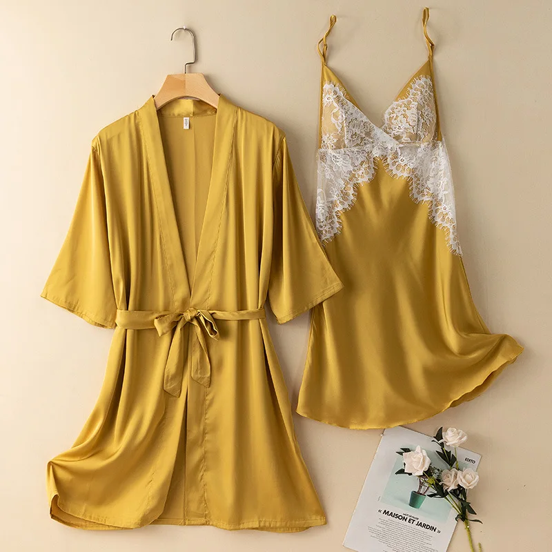 V-Neck Sleepwear Satin Female Lace Robe Set Long Sleeve Sexy Kimono Bathrobe Gown Strap Nightgown Patchwork Home Clothing
V-Neck Sleepwear Satin Female Lace Robe Set Long Sleeve Sexy Kimono Bathrobe Gown Strap Nightgown Patchwork Home Clothing