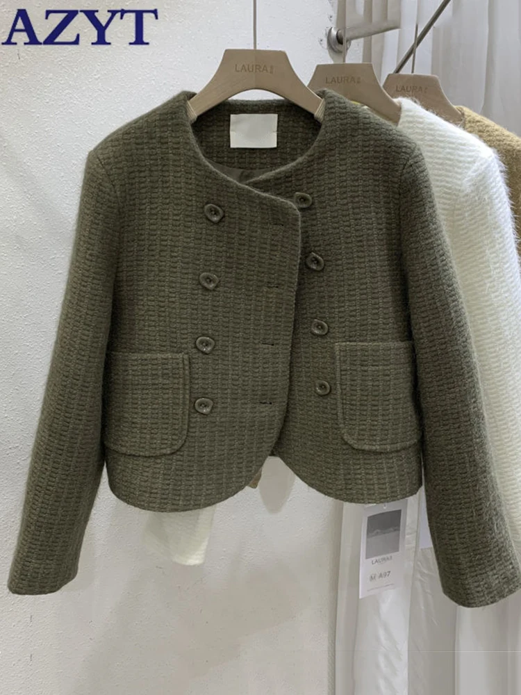 

Женская короткая куртка AZYT, повседневная двубортная куртка с круглым вырезом, базовое пальто, весна-осень 2023