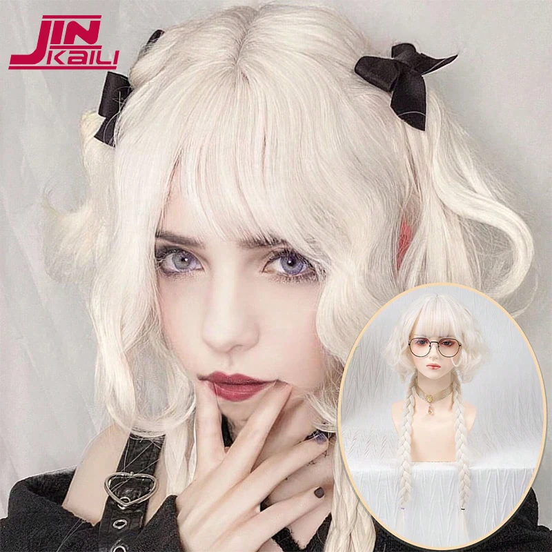 

JINKAILI 70cm Synthetic Long Wavy Curly Cosplay Wig With Bangs White Light Blonde Lolita Wig Women Halloween Cosplay Wigs Female