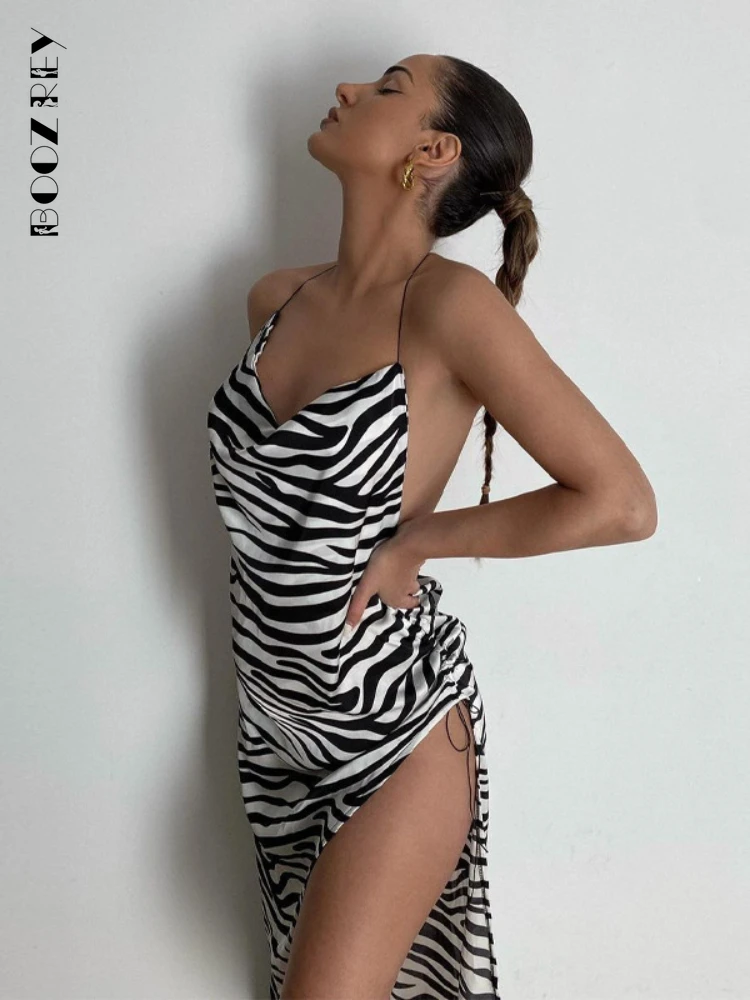 

BoozRey Zebra-Stripe Halter Asymmetrical Maxi Dress Chic Sexy Women's Party Club Backless Satin Sundress Draped High Split Dress