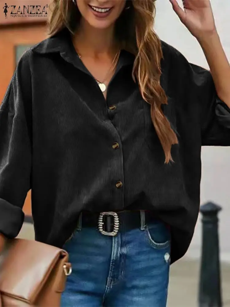 

Блузка ZANZEA с отложным воротником и длинным рукавом, осенняя модная Вельветовая блузка, Женская Повседневная офисная туника, топы, Повседневная Однотонная рубашка на пуговицах
