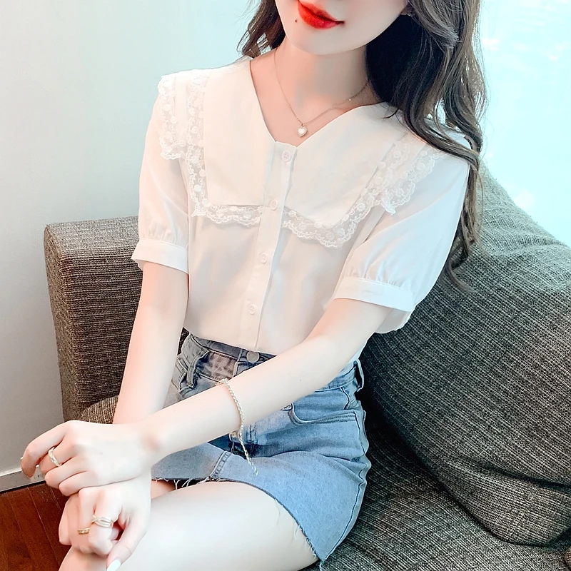 Summer Women's Short-Sleeved Japanese Sweet Pure Color Patchwork Lace Button Chiffon Shirt Vetement Femme Chic Elegant C140
Summer Women's Short-Sleeved Japanese Sweet Pure Color Patchwork Lace Button Chiffon Shirt Vetement Femme Chic Elegant C140