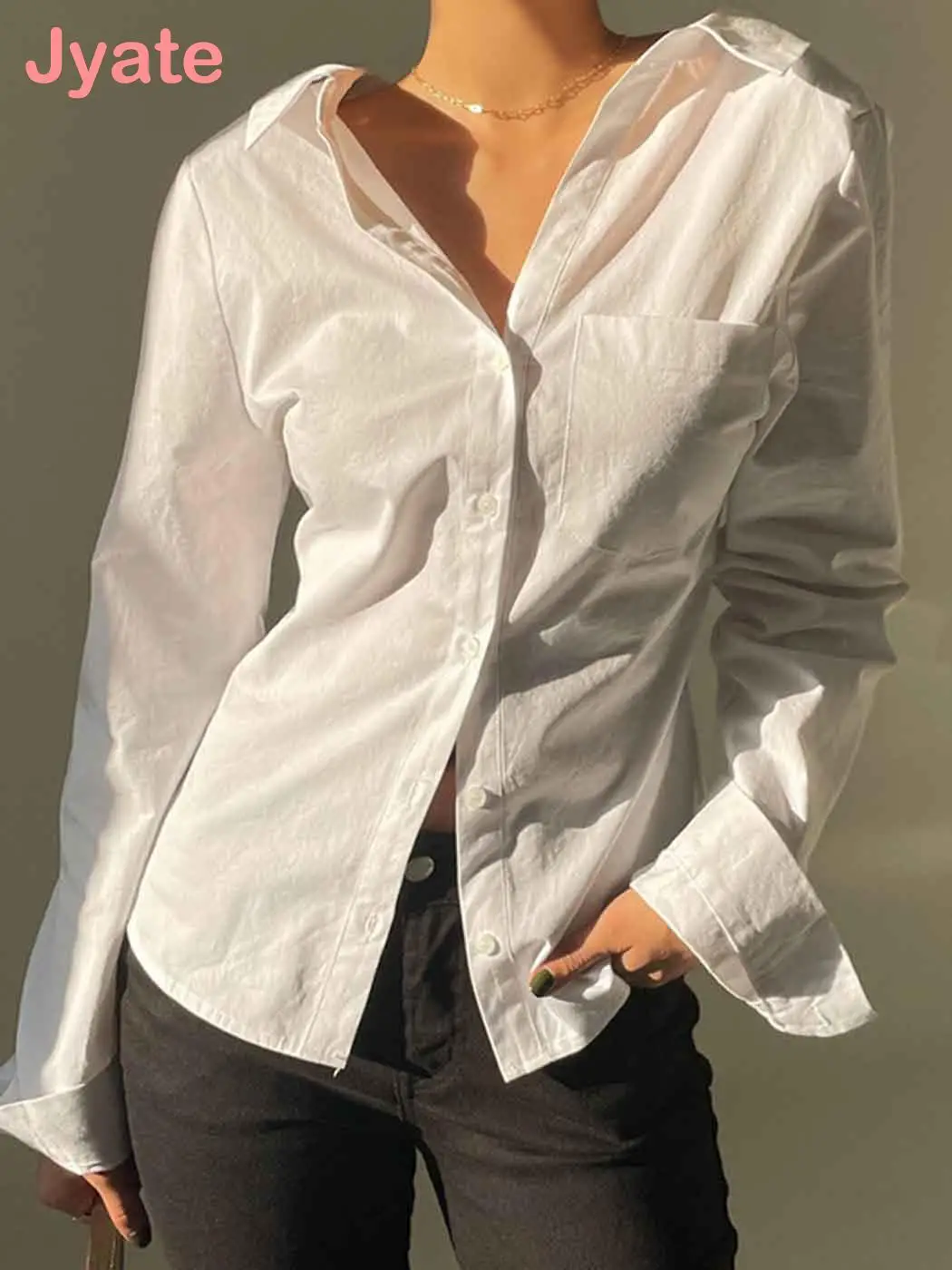 

Jyate Casual White Blouses Women Autumn Streetwear Button Up Chic Pockets Long Sleeve Slim Shirts Female Harajuku Basic Blusas