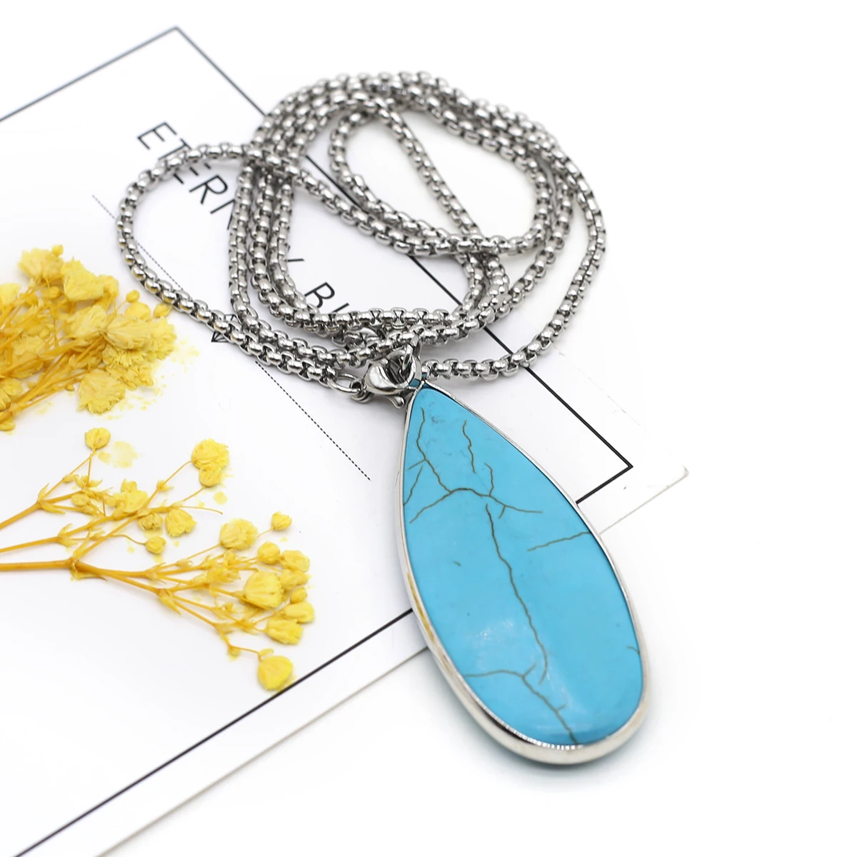 Natural Stone Blue Turquoise Long Water Drop Pendant Necklace Metal Chain for Women Girl Jewelry Party Gift 25×60mm
Natural Stone Blue Turquoise Long Water Drop Pendant Necklace Metal Chain for Women Girl Jewelry Party Gift 25×60mm