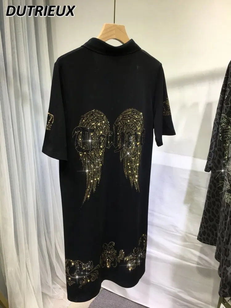 

Heavy Embroidery Hot Drilling Casual T Shirt Stand Collar Mid-Length Tee for Women Show Thin Black Sheath T-shirt Dress Summer