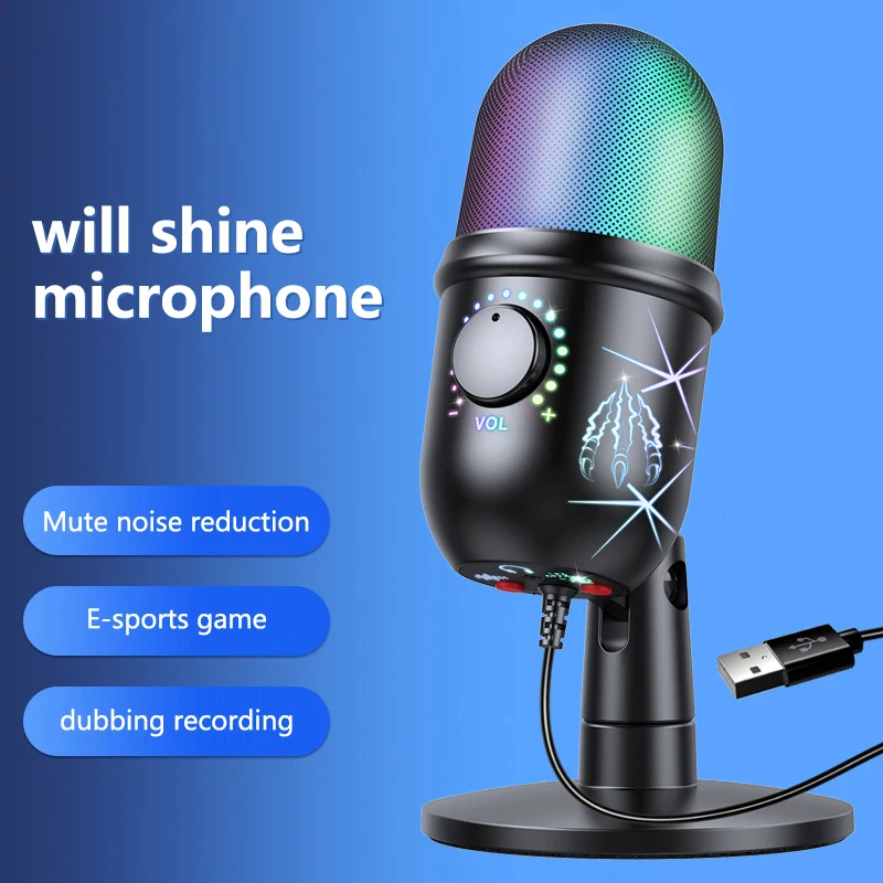 

V5 Wired Studio Podcasting Microphone Usb Stream Recording Desktop Usb Condenser Mic Noise Cancelling RGB Gaming Microphone