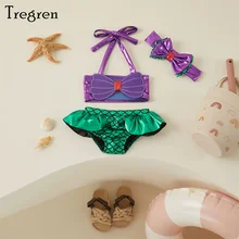 Tregren Toddler Kids Girl Mermaid Bikinis Set Summer Beachwear Halter Top Swimwear Swimming Pool Bathing Suit with Headband