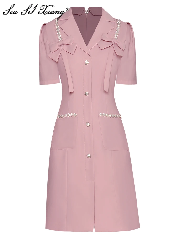Seasixiang Fashion Designer Summer Dress Women Turn-down Collar Short Sleeve Crystal Button Pink Mini Dresses
Seasixiang Fashion Designer Summer Dress Women Turn-down Collar Short Sleeve Crystal Button Pink Mini Dresses