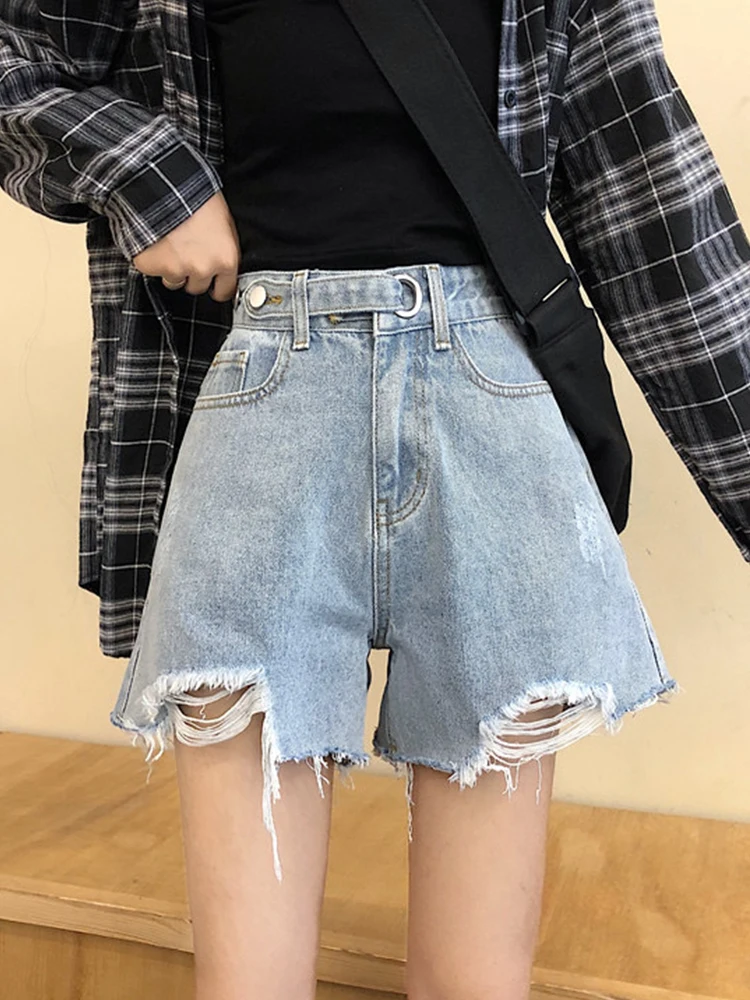 

FTLZZ Summer Women High Waist Wide Leg Hole Raw Hem Retro Blue Denim Shorts Streetwear Female Frayed Loose Washed Jeans Bottoms