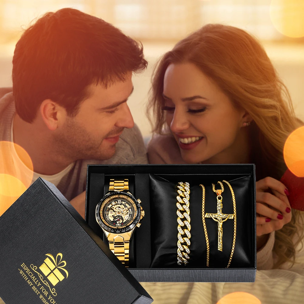 Luxury Golden Mechanical Watches for Men Automatic-Wind Men's Wristwatch Gifts Necklace Bracelet Set Gift for Man montre homme
Luxury Golden Mechanical Watches for Men Automatic-Wind Men's Wristwatch Gifts Necklace Bracelet Set Gift for Man montre homme