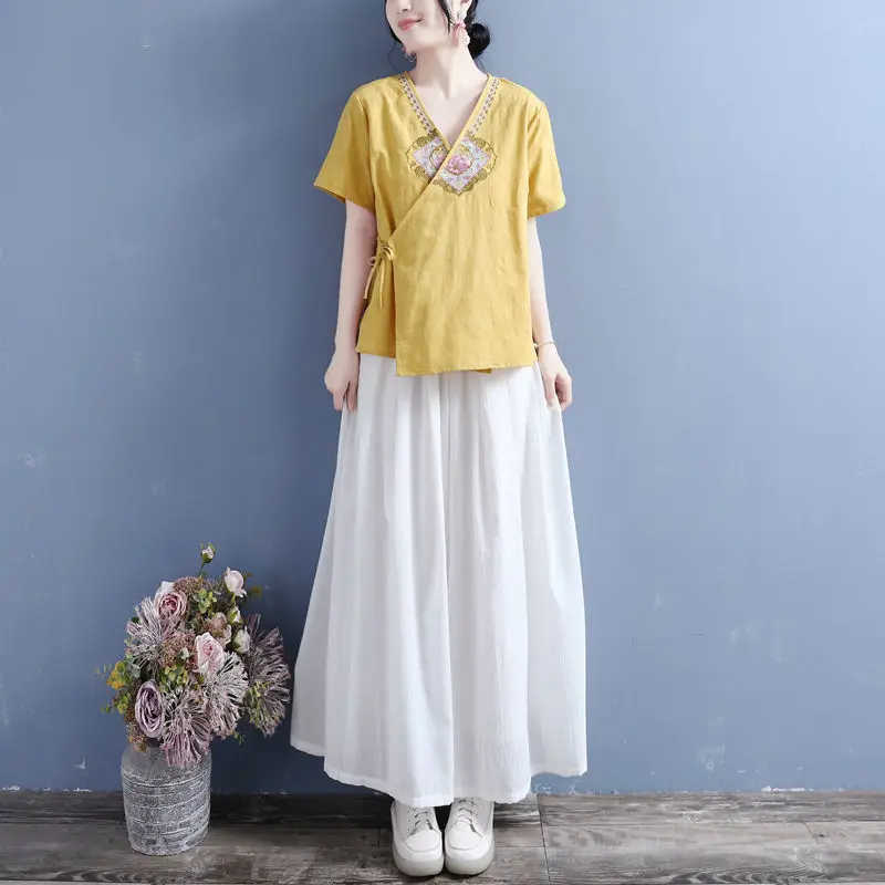 Woofin Cotton And Linen Embroidered Blouse Women's Short Sleeve Chinese Style Retro Cross Neckline Tuan Hua Oblique Lapel Tie
Woofin Cotton And Linen Embroidered Blouse Women's Short Sleeve Chinese Style Retro Cross Neckline Tuan Hua Oblique Lapel Tie