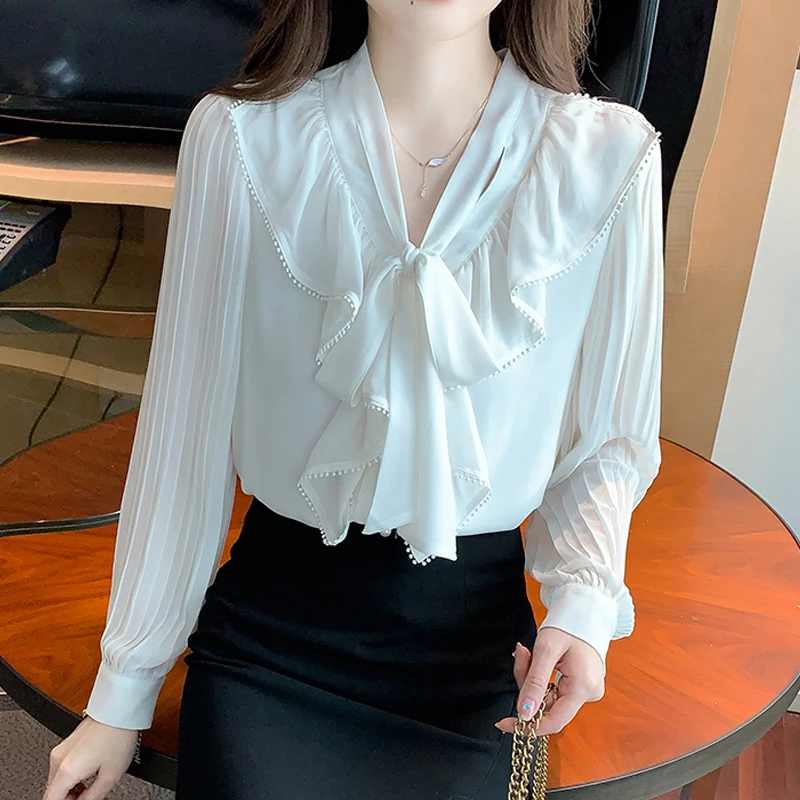 New Office Long Sleeve Elegant Shirts with Bow Spring Autumn White Chiffon Blouse Women V Neck Female Clothing Tops Blusas 24479
New Office Long Sleeve Elegant Shirts with Bow Spring Autumn White Chiffon Blouse Women V Neck Female Clothing Tops Blusas 24479