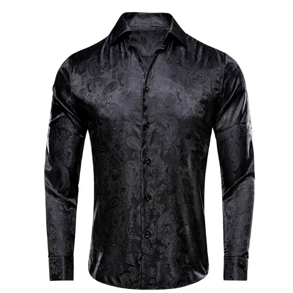 

Hi-Tie Brand Black Silk Mens Shirts Lapel Long Sleeve Jacquard Paisley Male Outerwear Summer Hawaii Casual Male Shirt Business