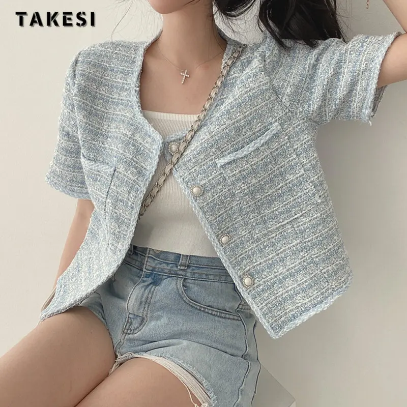 Женский твидовый пиджак в клетку, повседневный однобортный короткий пиджак в Корейском стиле с коротким рукавом и круглым вырезом, лето 2023 
Женский твидовый пиджак в клетку, повседневный однобортный короткий пиджак в Корейском стиле с коротким рукавом и круглым вырезом, лето 2023