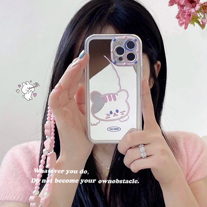 

Mobile Phone Case Mirror Cat Case for IPhone 13 12 11 Pro Max Women's Protective Sleeve for IPhone 11 12 13 Case with Lanyard