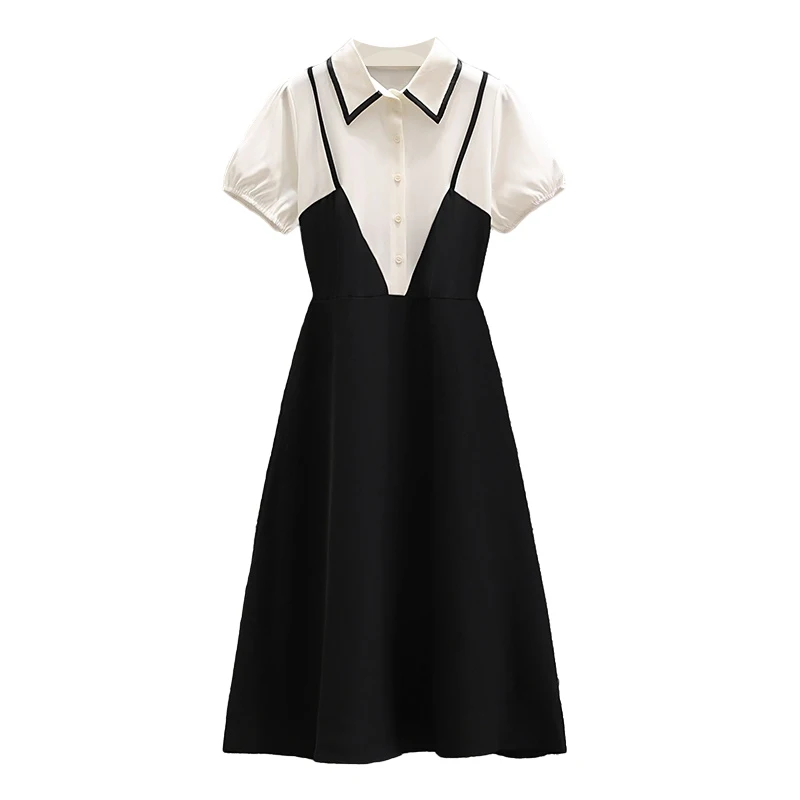 Fake Two Piece Black White Patchwork Elegant Party Dress 2022 Summer Short Sleeve Turn Down Collar Dresses Female Clothing Robe
Fake Two Piece Black White Patchwork Elegant Party Dress 2022 Summer Short Sleeve Turn Down Collar Dresses Female Clothing Robe