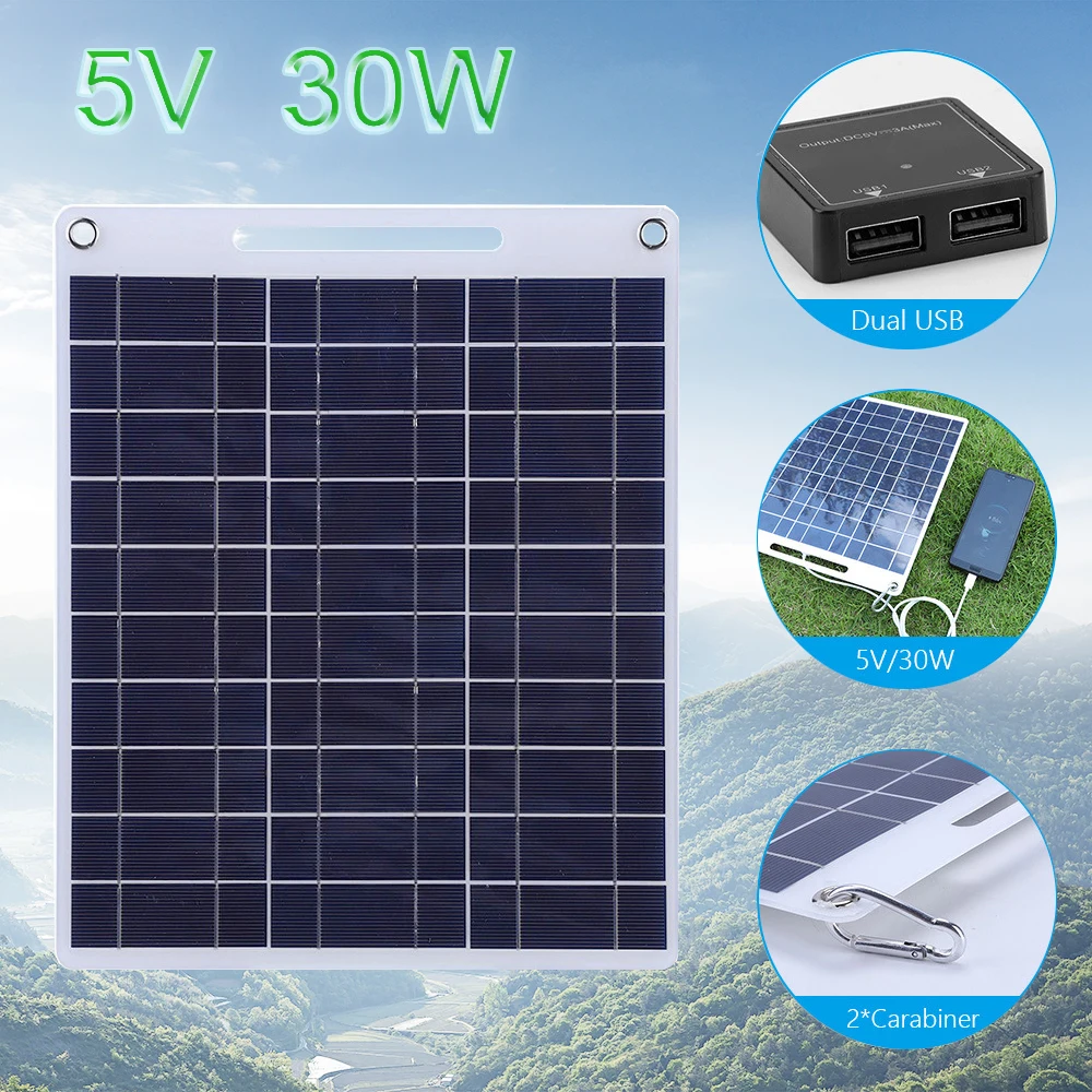 30W Solar Panel 5V Polysilicon Flexible Portable Outdoor Waterproof Solar Cell Car Ship Camping Hiking Travel Cell Phone Charger
30W Solar Panel 5V Polysilicon Flexible Portable Outdoor Waterproof Solar Cell Car Ship Camping Hiking Travel Cell Phone Charger