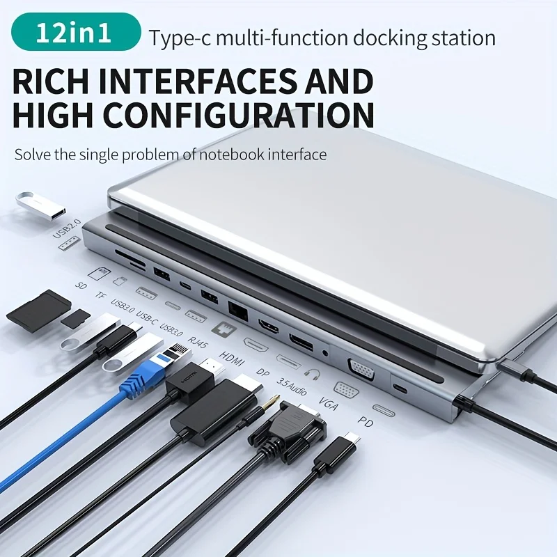 

USB C Docking Station, 12 In 1 Triple Display USB C Hub With HDMI1.4+VGA+DP1.2+USB3.0*2+TYPE C3.0+USB2.0+SD/TF2.0+RJ45 1000M+PD+