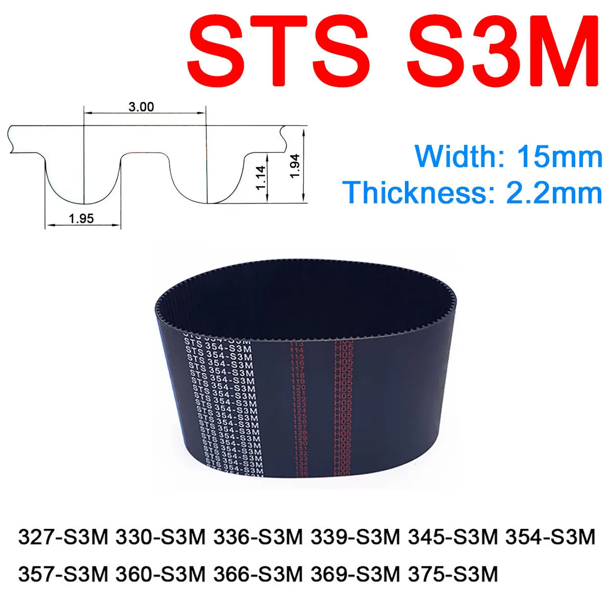 

1Pc Width 15mm S3M Rubber Arc Tooth Timing Belt Pitch Length 327 330 336 339 345 354 357 360 366 369 375mm Synchronous Belts