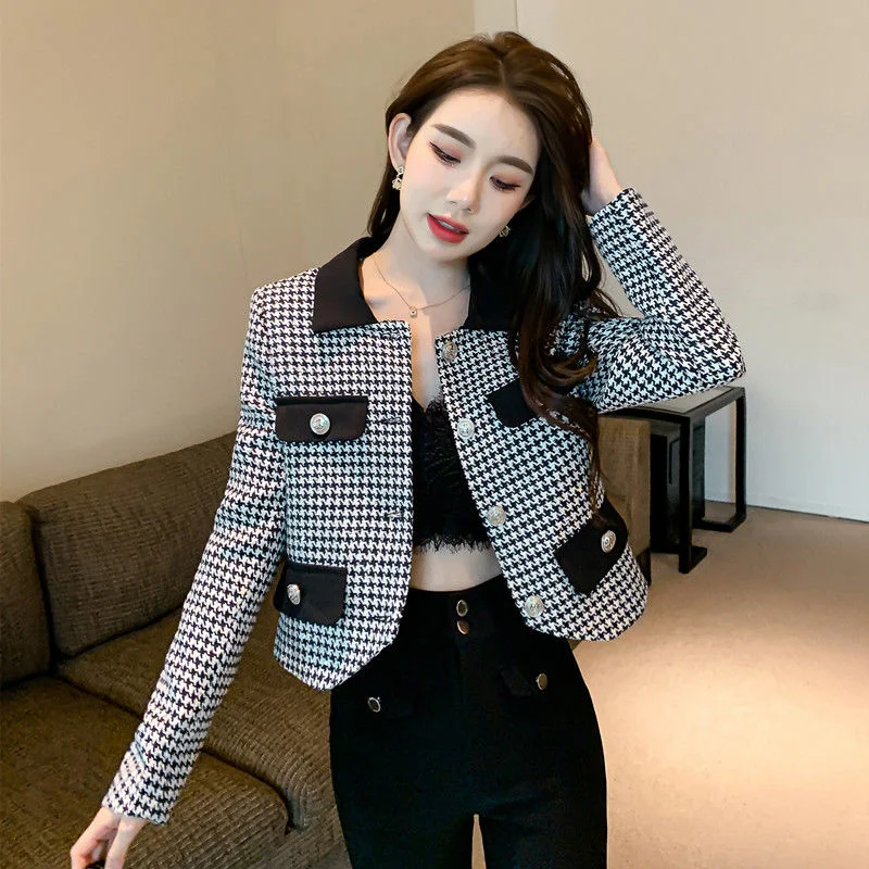 

French Vintage Small Fragrance Tweed Jacket Coat Women's Spring Autumn Casual Channel Style Za Suit Cropped Houndstooth Outwear