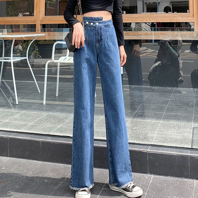 Джинсы с высокой талией и бахромой с широкими штанинами повседневные синие женские прямые брюки свободные Универсальные женские брюки вес...