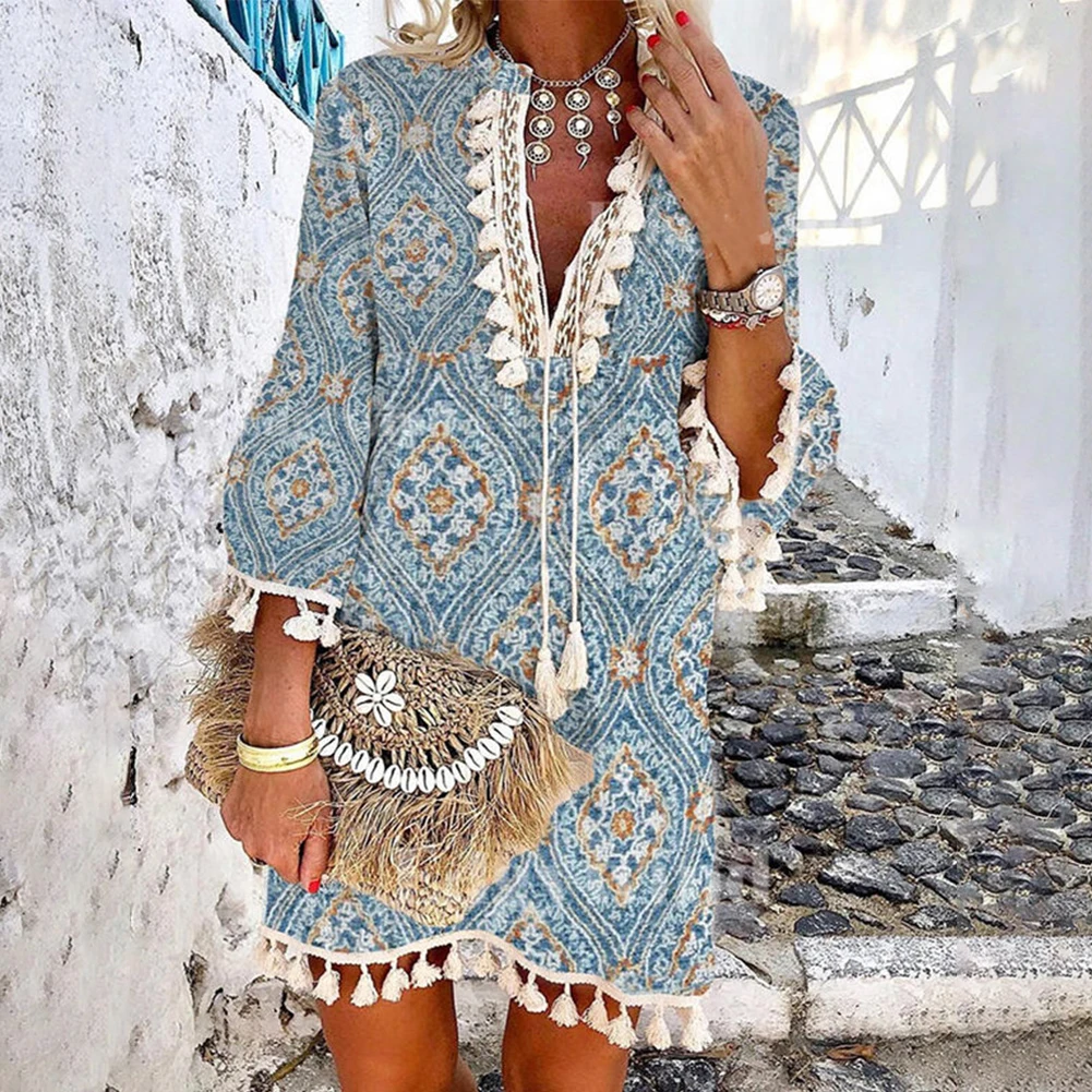 Women Summer Boho Floral Print Pleated Dress Sexy Deep V-Neck Tassel Knee-Length Dresses Female Vintage Beach Casual 2023
Women Summer Boho Floral Print Pleated Dress Sexy Deep V-Neck Tassel Knee-Length Dresses Female Vintage Beach Casual 2023