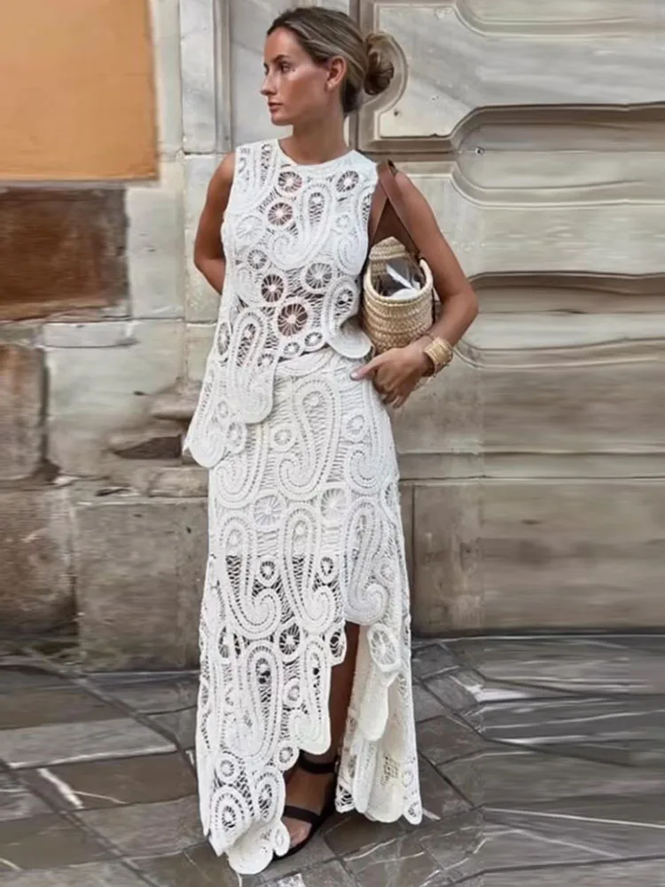 Crochet Knitted Asymmetric Women's Dress Set Chic O-neck Sleeveless Top Short Lining Skirt Suit 2023 Fashion Fairy Sweet Outfits
Crochet Knitted Asymmetric Women's Dress Set Chic O-neck Sleeveless Top Short Lining Skirt Suit 2023 Fashion Fairy Sweet Outfits