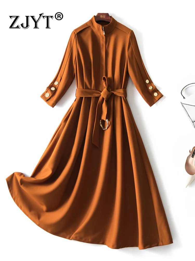 

ZJYT Fashion Designer Autumn Dress Women 2022 Stand Collar Sashes Solid Casual Midi Vestidos Three Quarter Sleeve Aline Robes