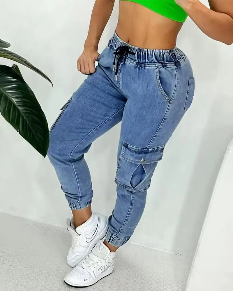 

Pocket Design Drawstring Cuffed Jeans Chic Fashion Casual Summer Form-fitting Denim Long Daily Woman New Style
