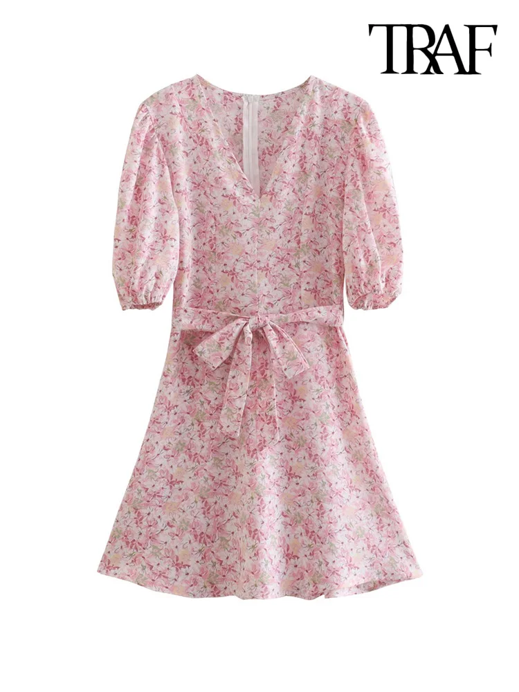 TRAF Women Fashion With Belt Floral Print Mini Dress Vintage Short Sleeve Back Zipper Female Dresses Vestidos Mujer 
TRAF Women Fashion With Belt Floral Print Mini Dress Vintage Short Sleeve Back Zipper Female Dresses Vestidos Mujer