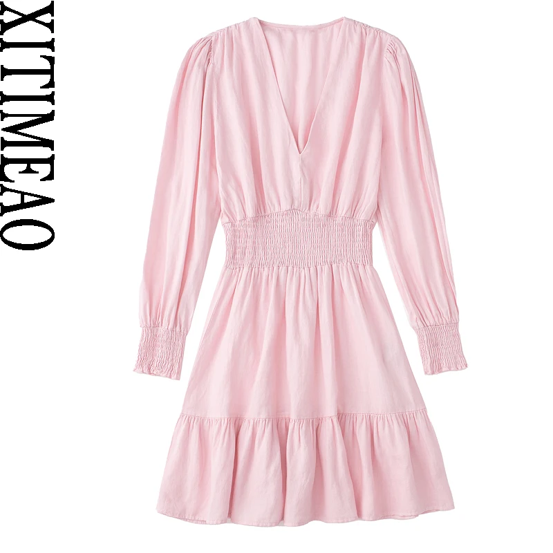 Xitimeao Women Fashion With Ruffled Linen Mini Dress Vintage Long Sleeve Elastic Waist Female Dresses Vestidos Mujer
Xitimeao Women Fashion With Ruffled Linen Mini Dress Vintage Long Sleeve Elastic Waist Female Dresses Vestidos Mujer