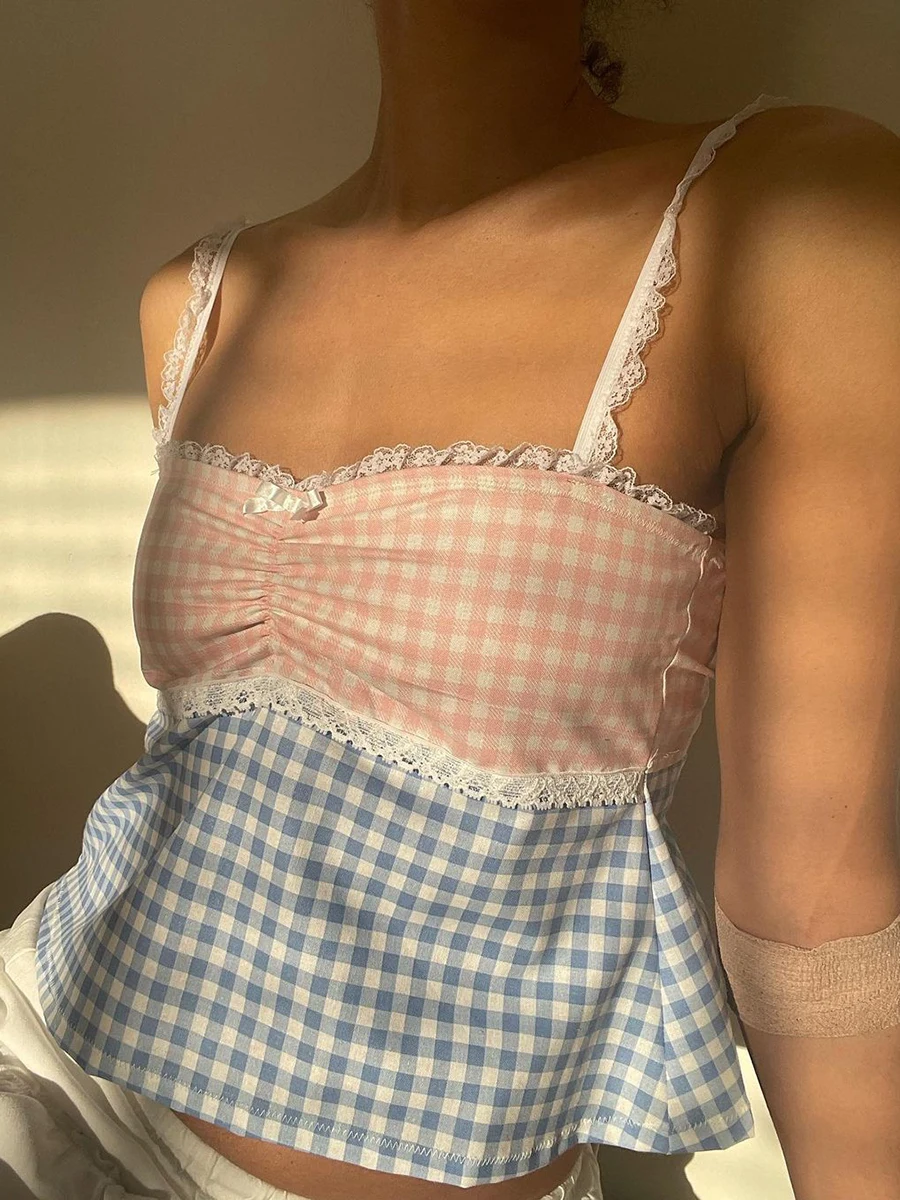 New Women Plaid Lace Trim Camisoles Spaghetti Strap Sleeveless Backless Tank Tops Summer Vests Crop Tops Streetwear S M L
New Women Plaid Lace Trim Camisoles Spaghetti Strap Sleeveless Backless Tank Tops Summer Vests Crop Tops Streetwear S M L