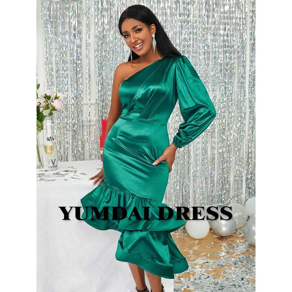 

YUMDAI Christmas Green Single Shoulder Long Sleeve Dress Sweet Peplum Ball Gown Gorgeous Dubai Mom Gown Formal EventG Party Gown