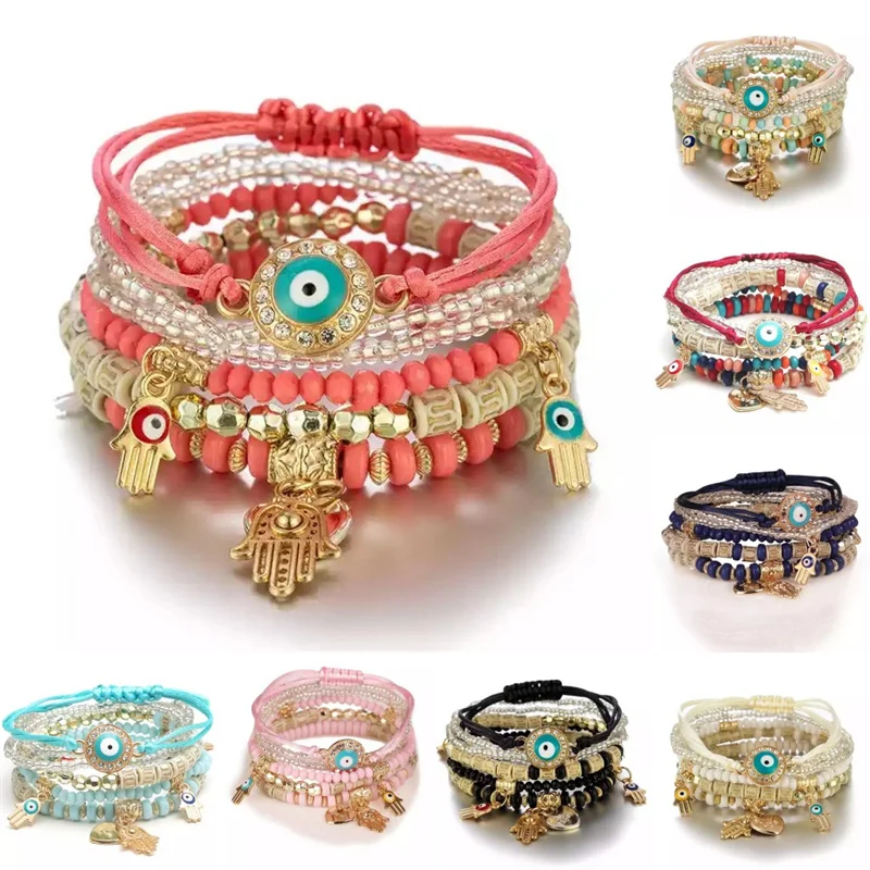 

Bohemia Designer Charms Bangles Bracelets Jewelry Sets Woven Adjustable Boho Lucky Eye Beads Stack Multilayer Bracelets Women