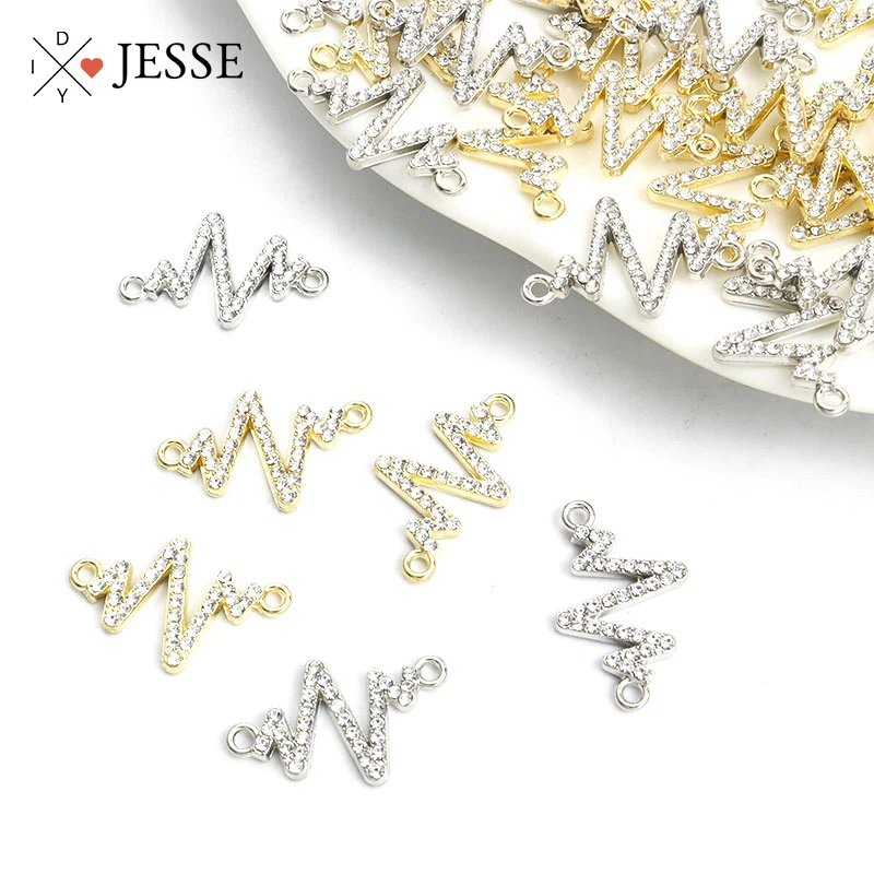 

10pcs Inlaid Crystal Rhinestone Electrocardiogram Charm Connectors Gold/Silver Plated Radio Waves Pendants DIY Jewelry Findings