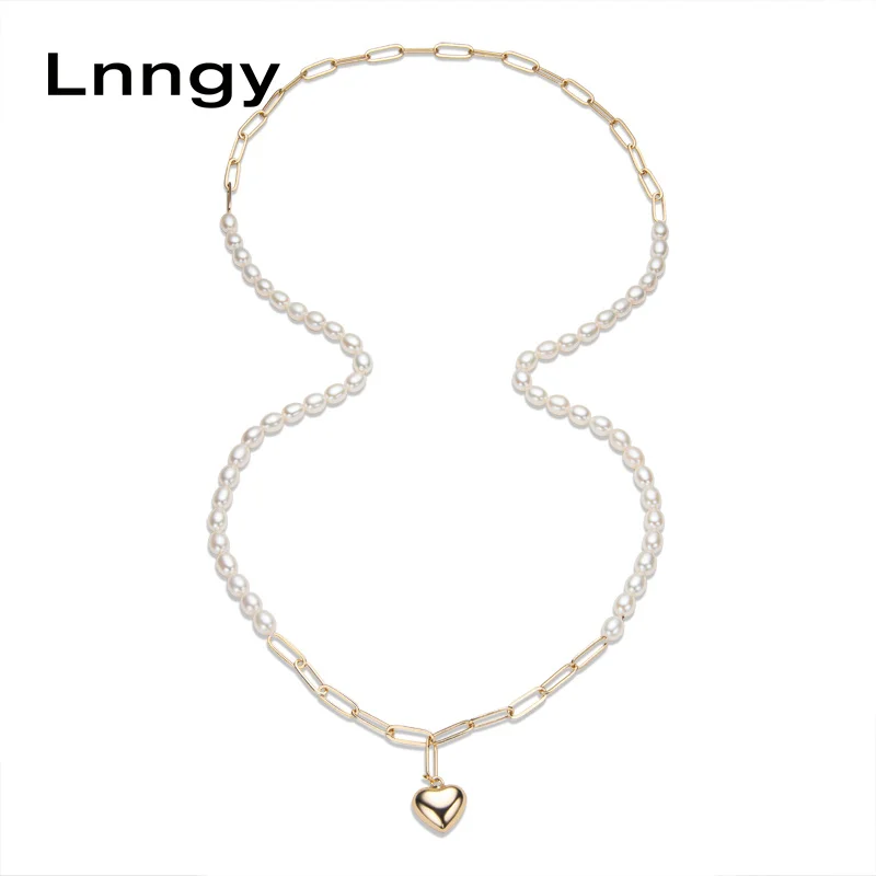 

Lnngy 14K Gold Filled Yellow Heart Pendant Necklace For Women 6-7mm Natural Freshwater Pearl Sweater Chain Necklace Jewelry