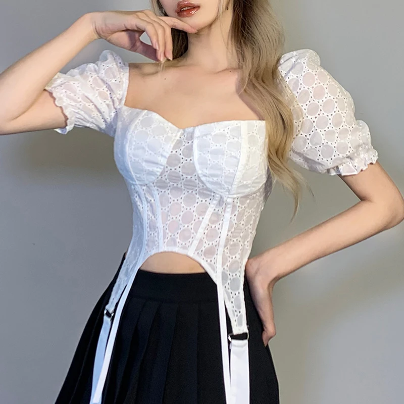 Women Summer Crop Tops Eyelet Square Neck Short Bubble Sleeve T-Shirt with Long Ribbons Hem for Ladie White
Women Summer Crop Tops Eyelet Square Neck Short Bubble Sleeve T-Shirt with Long Ribbons Hem for Ladie White