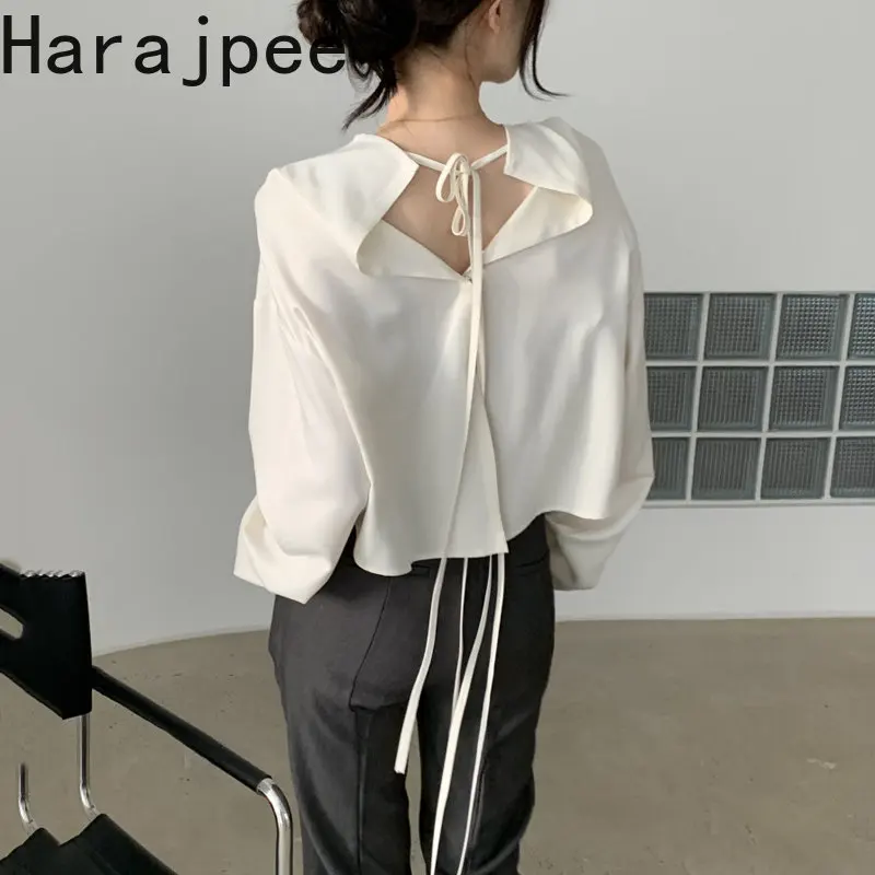 Женская блузка с длинным рукавом Harajpee, однотонная Элегантная атласная блузка на шнуровке, весна 2023