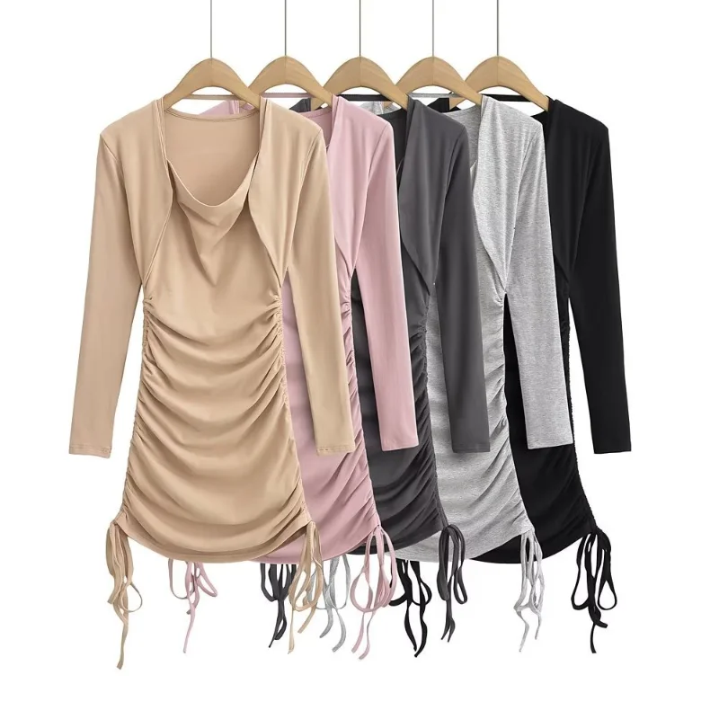 2023 Spring New Shoulder Wrap Fake Two Piece Hanging Neck Side Drawstring Long Sleeve Hip Wrap Dress 
2023 Spring New Shoulder Wrap Fake Two Piece Hanging Neck Side Drawstring Long Sleeve Hip Wrap Dress