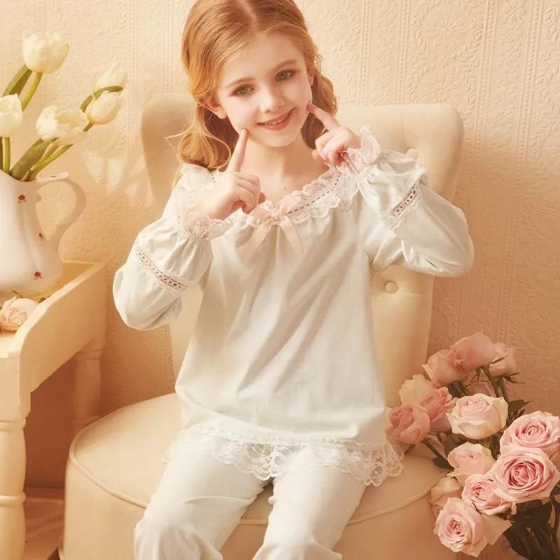 cotton short pajama sets 2019 Spring Children's Girls Lolita Dress Princess Sleepshirts Vintage Nightgowns Baby Nightdress Kids Sleepwear Pajamas Gown elegant pajama sets