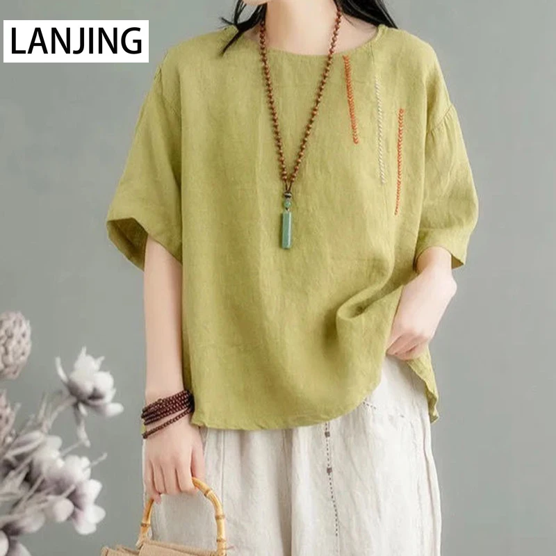 Cotton and linen top women's summer short-sleeved loose half-sleeved linen original women's small shirt T-shirt t
Cotton and linen top women's summer short-sleeved loose half-sleeved linen original women's small shirt T-shirt t