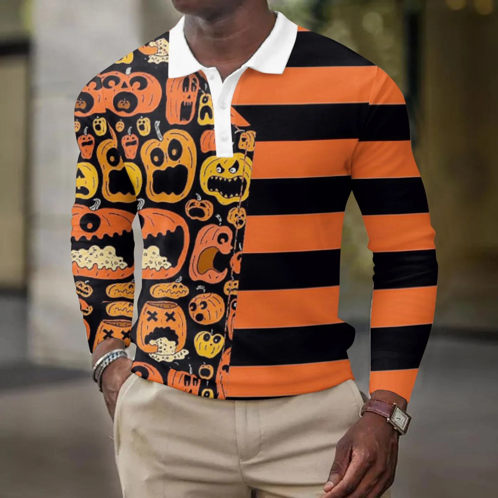 Fashion Men's Clothing Polo Shirts Halloween Pumpkin Striped Patchwork Long Sleeve Shirts Male Turn-Down Collar Slim Fit Shirt
Fashion Men's Clothing Polo Shirts Halloween Pumpkin Striped Patchwork Long Sleeve Shirts Male Turn-Down Collar Slim Fit Shirt