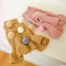 1PC Pet Apparel Dog Autumn and Winter Thickened Warm Pink Coffee Ball Knit Pullover Sweater Dress For Small Medium Dogs