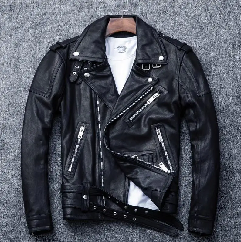 

Free shipping.Luxury.Men cool tanned sheepskin jacket.Classic biker quality real leather coat.black Moto Rider leather wear