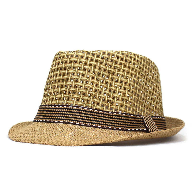 

British Men Beach Sun Hats Summer Cowboy Fedora Retro Jazz Hat Breathable Straw Caps Outdoor Panama Man Gentleman Holiday Sunhat
