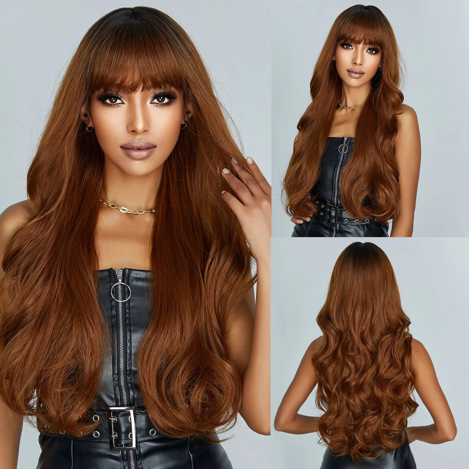 

Ombre Brown Synthetic Wigs with Bangs Long Water Wavy Chocolate Brown Hairs Wig for Black Women Daily Cosplay Heat Resistant Use